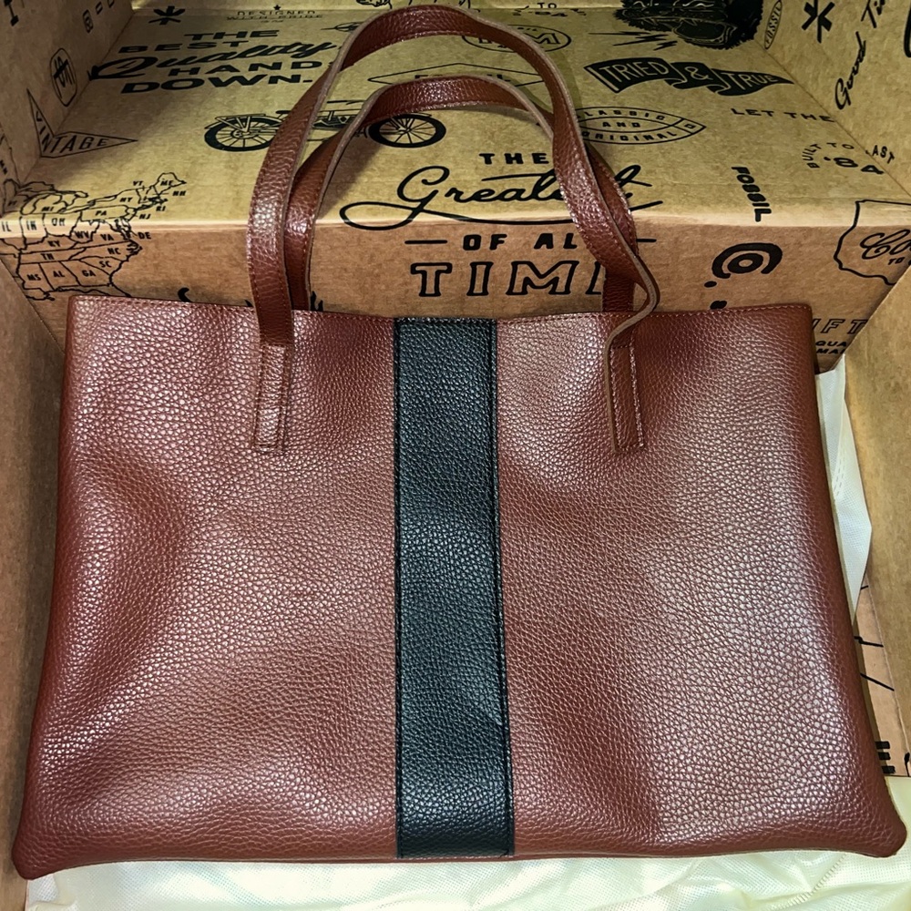 Vince Camuto Luck Brown Black Minimalist Vegan Leather Tote Bag: